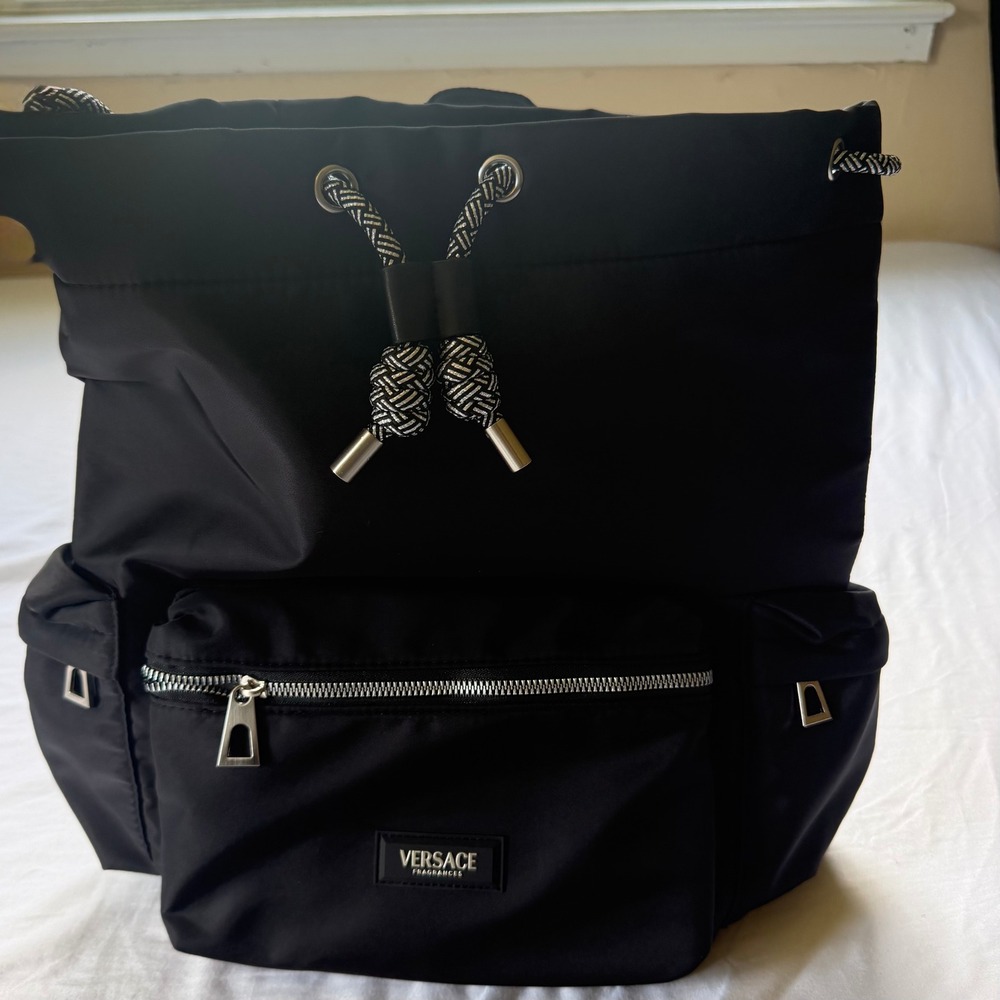 Versace Fragrances Black Nylon Drawstring Backpack Greek Key Detail Bag